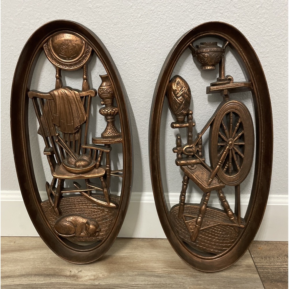 Vtg 1965 Burwood Wall Plaques 4364 & 4365 Oval‎ Spinning Wheel Rocking Chair Cat